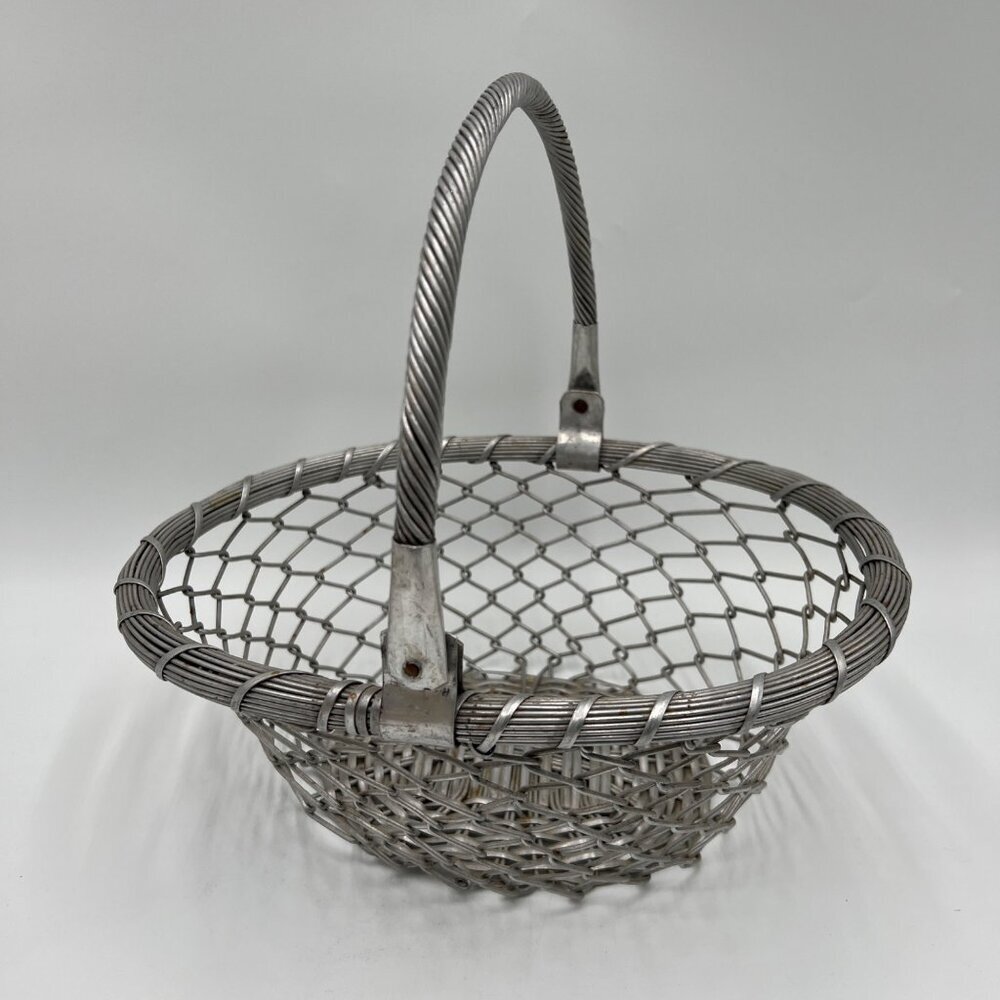 Vintage French wire basket Handle moves vintage silver